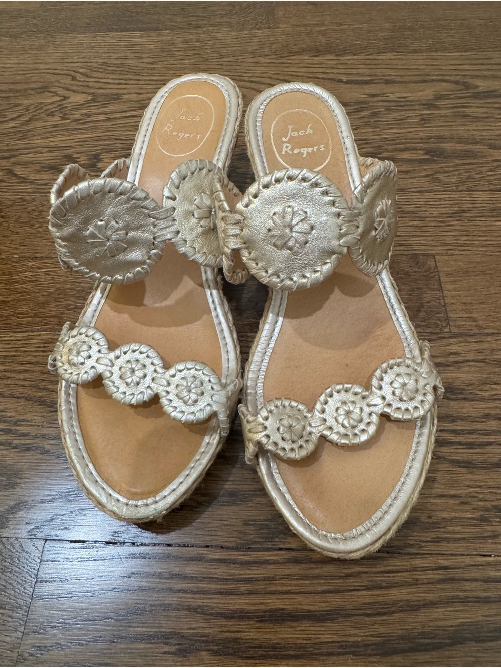 Jack Rogers Metallic Gold Circle Medallion Slide Sandals